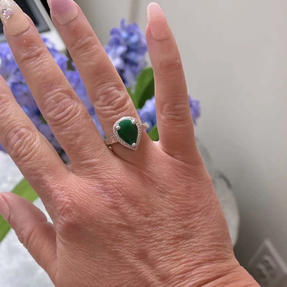 The Green Tear Drop Ring in Tibetan silver sz 6